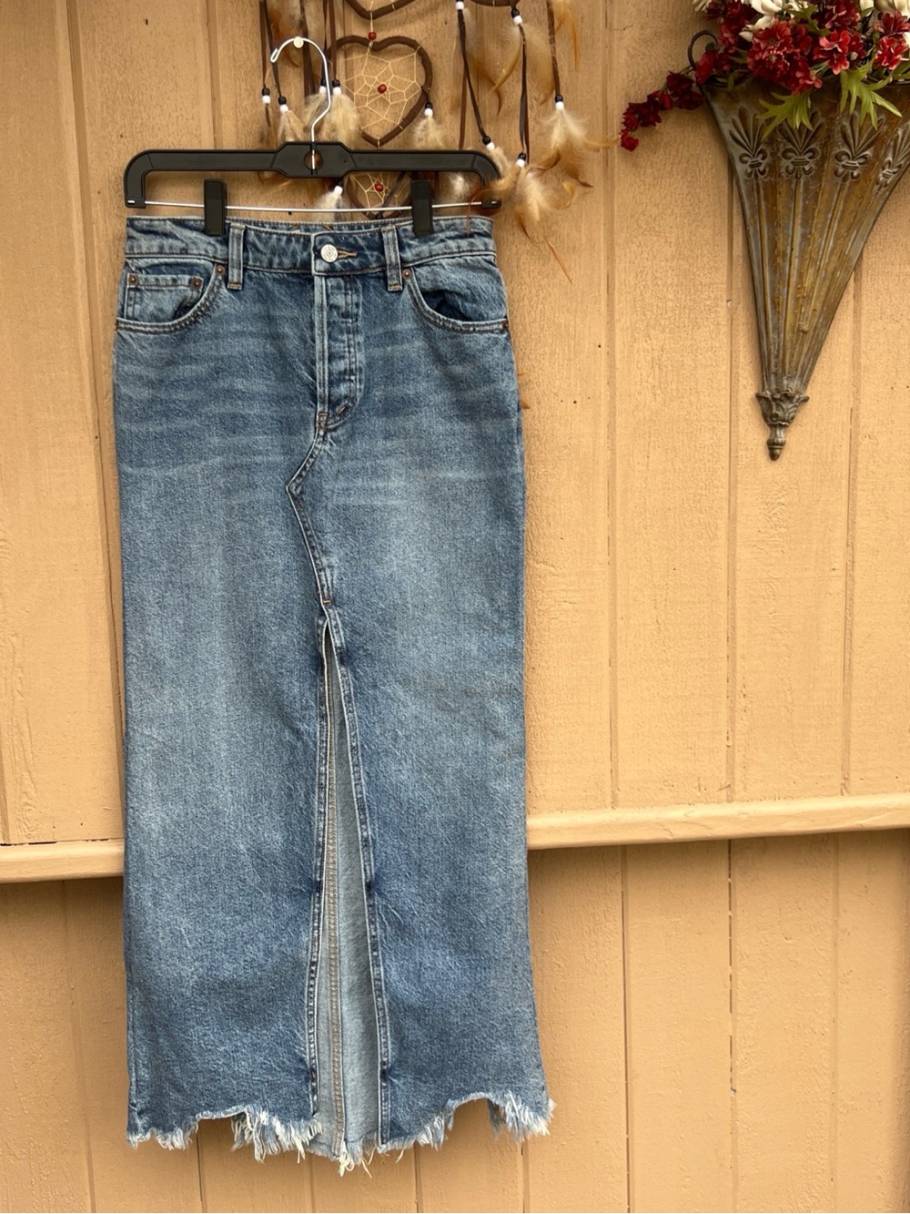 Rare Free People High front Slit  Denim Maxi Skirt 25 Womens Blue Sexy